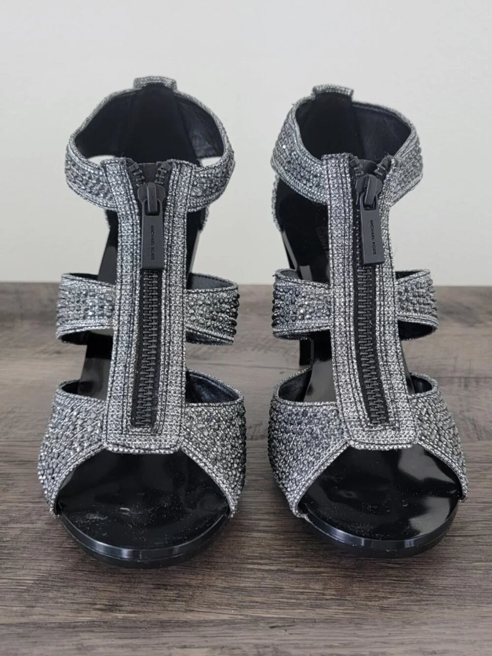 Michael Kors Berkley T-Strap Silver Glitter Rhinestone Caged Heels